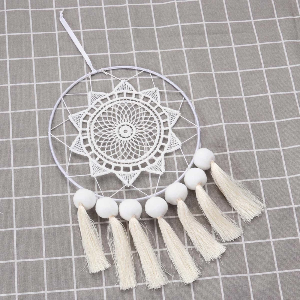 DIY Plush Ball Tassel White Big Lace Dream Catcher Home Decoration Wall Hanging Pendant Size Small (Beige)