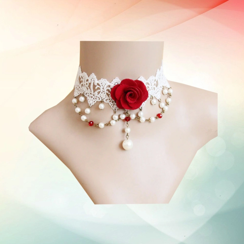 Valentine's Day Lace Necklet Exquisite Clavicle Chain Beautiful Necklace Vintage Pearl Flower Choker for Woman