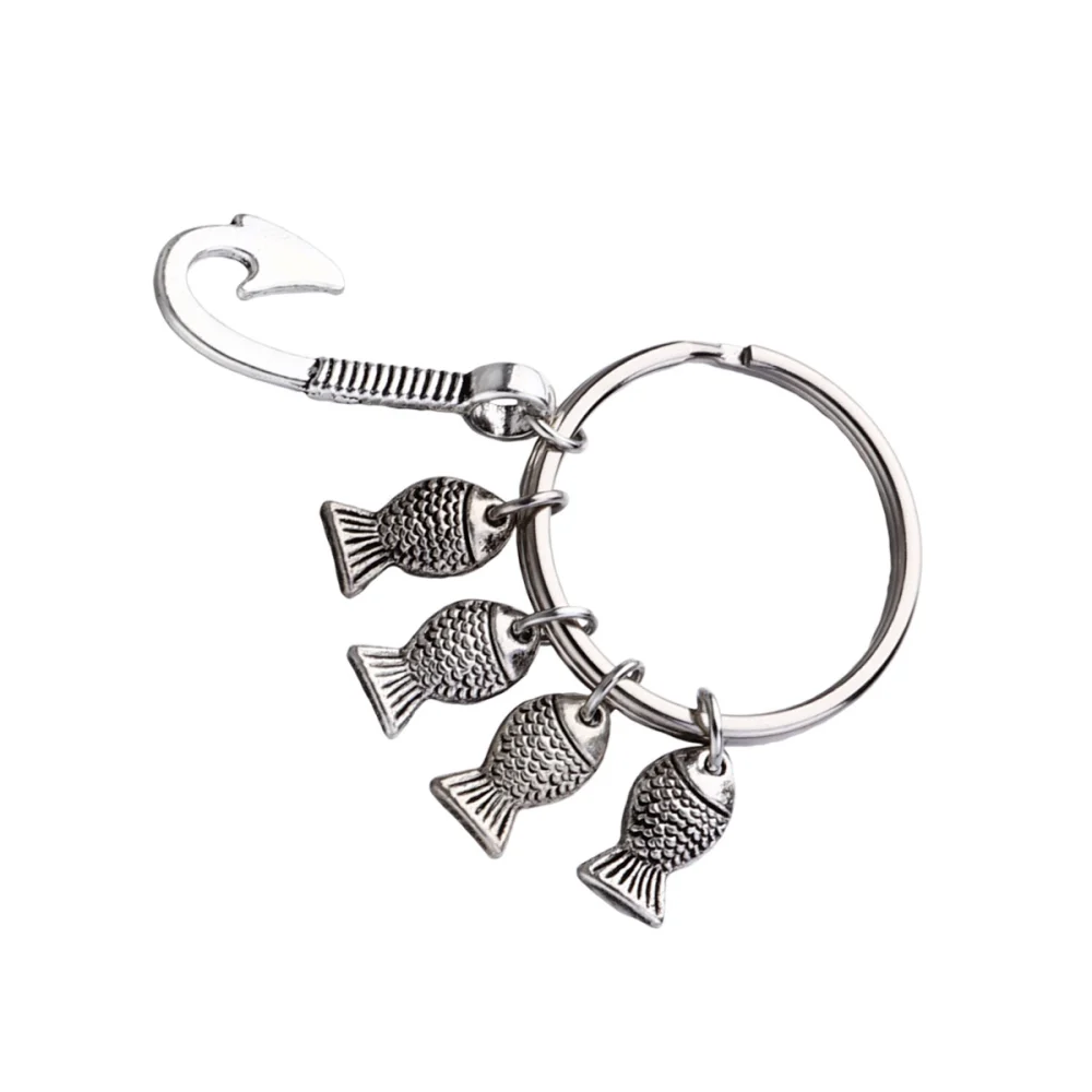 Fishhook Design Keychains Fishing Theme Key Rings Alloy Pendant Four Fish Key Holder Craft Ornaments Gift