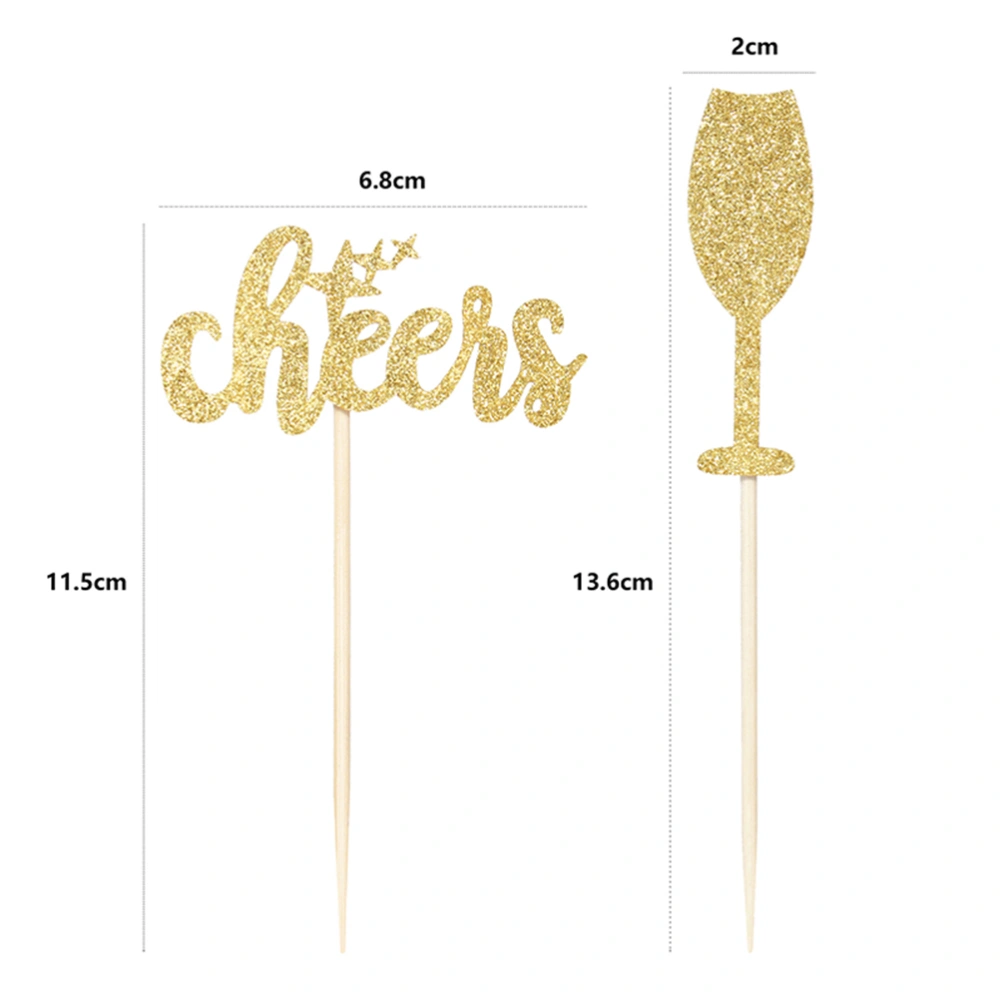 24pcs Golden Cupcake Toppers Glitter Fruit Insert Wedding Party Paper Cake Decorating Champagne Glass Design Fruit Picks Party Favors（12pcs Cheers Printing and 12pcs Champagne Glass Pattern)