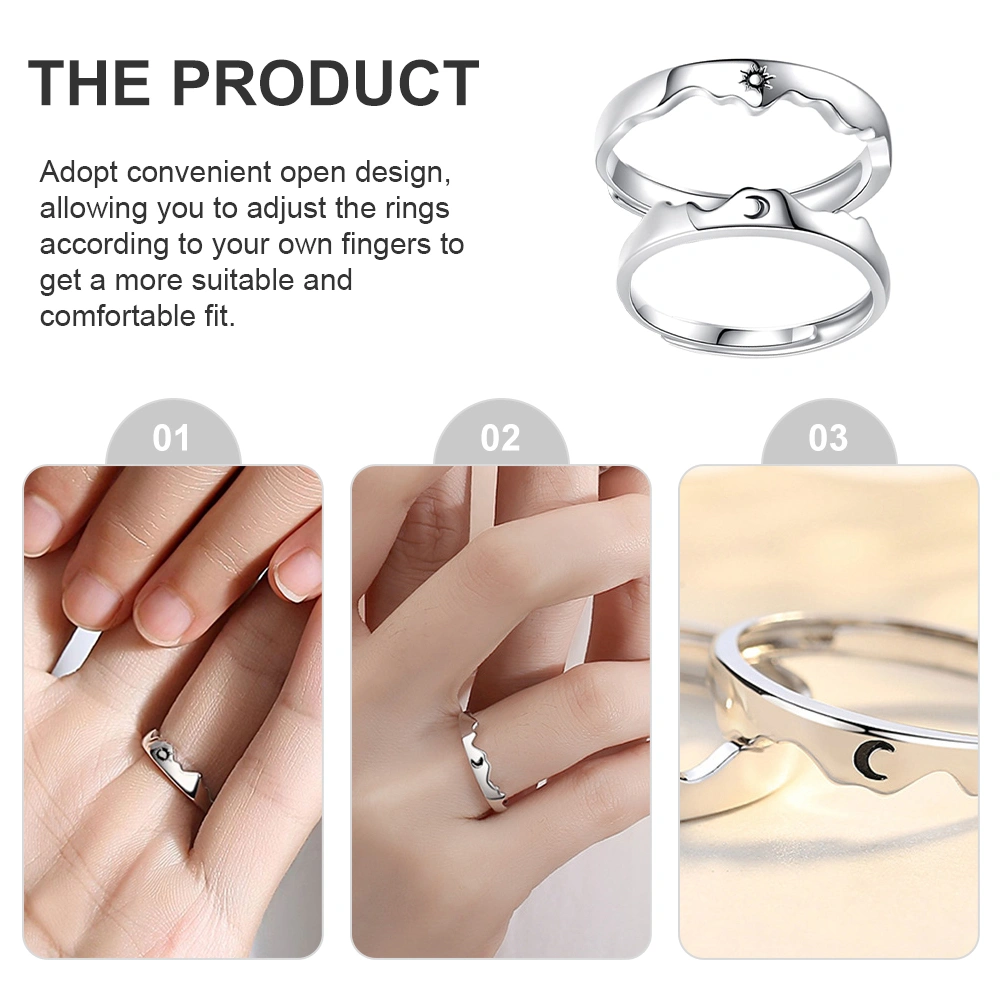 1 Pair Adjustable Open Band Ring Moon Sun Engraved Ring Couples Jewelry Gift