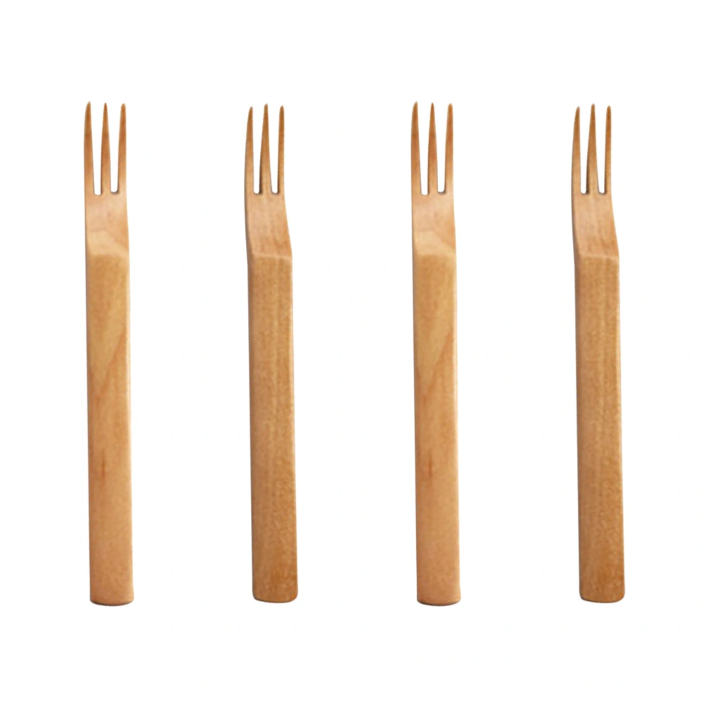 4pcs Wooden Three Tooth Forks Flat Japanese Style Fruit Fork Salad Forks Dessert Picks