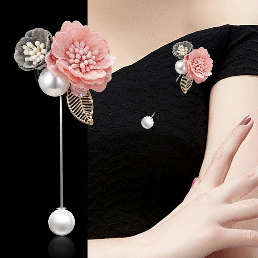 Double Flower Imitation Pearls Cloth Flower Word Pin Brooch Jewelry Ladies Brooch