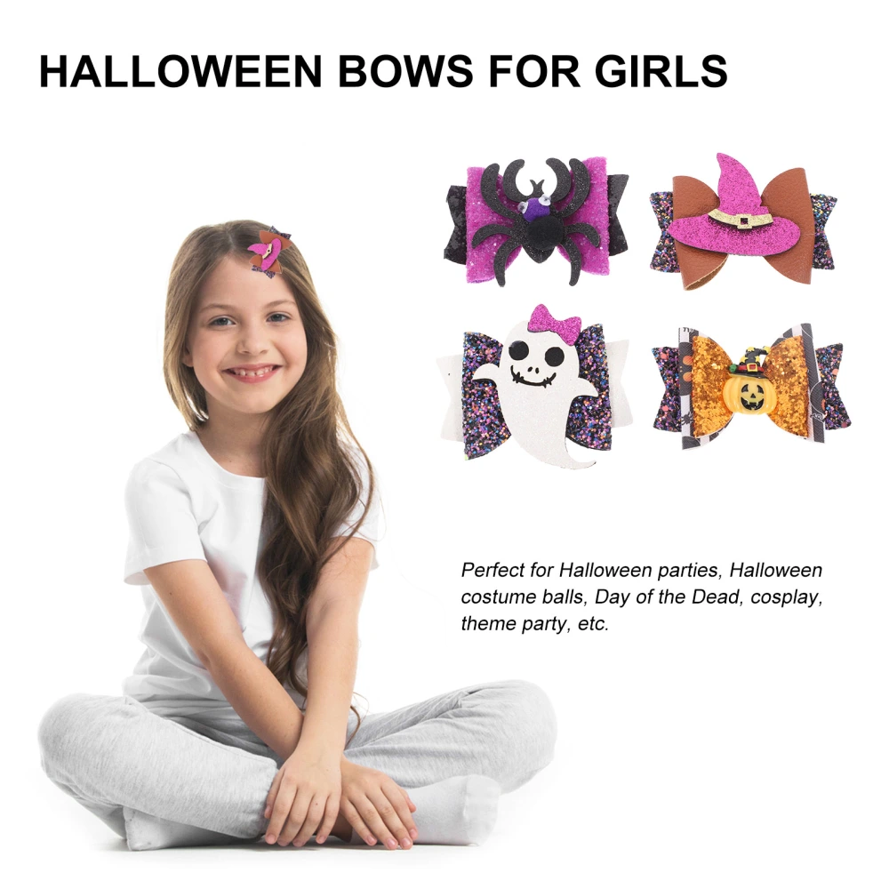 4pcs Glitter Hair Bow Clips Bow Hairpin Headdress for Girls Halloween Decorations (Ghost, Spider, Hat, Pumpkin)