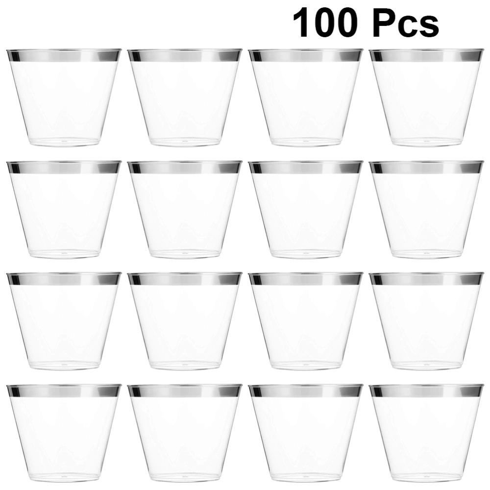 100 Pcs Disposable Tableware Plastic Cup Hot Stamping Brim Drinking Cup Party Props for Wedding Birthday Theme Party Supplies (Silver)