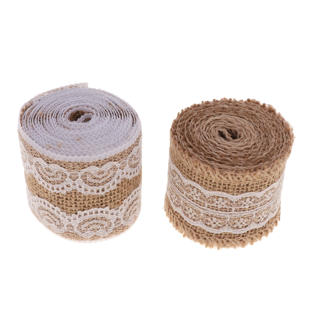 2 Pcs 5x200cm Wedding Decorative Burlap Fabric Ribbons Jute Roll with Lace for Weaving Supplies Ornaments Gift DIY Projects