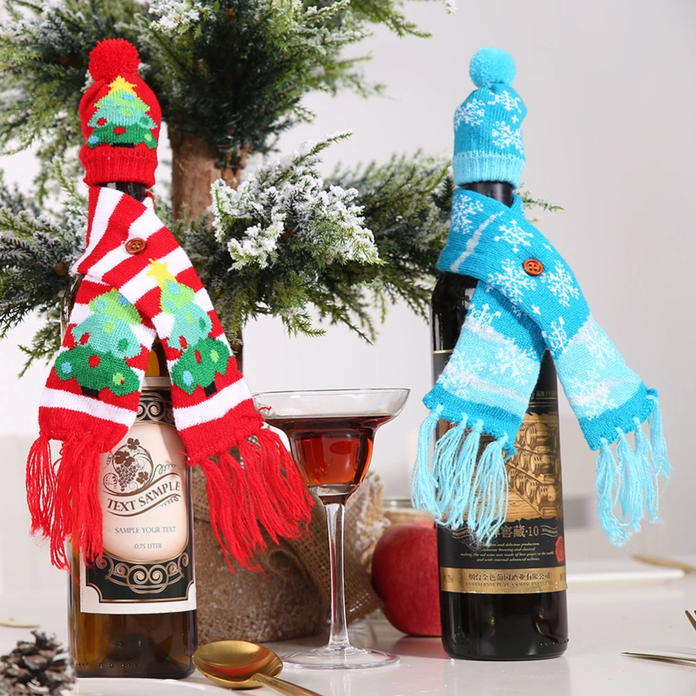 2 Pcs Christmas Wine Bottle Knitted Scarf Hat Novelty Festive Christmas Tree Gingerbread Man Printed Bottle Cover Champagne Ornament New Year Xmas Decoration