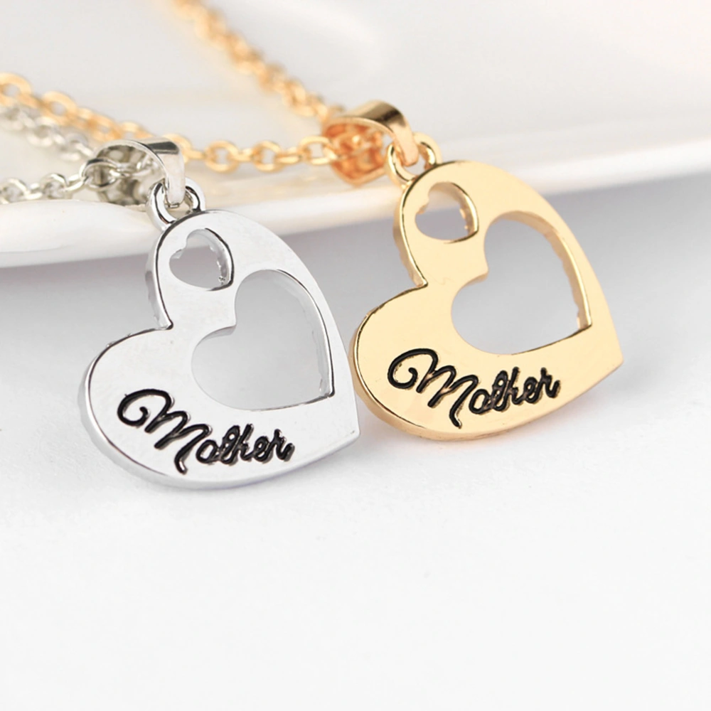 Alloy Hollow Heart Necklace Mother's Day Birthday Gift Pendant for Mom (Silver)