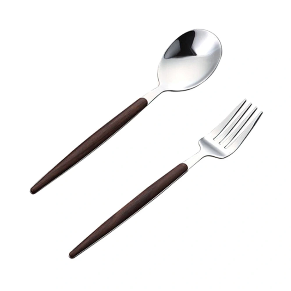 2pcs Western Food Tableware Set Stainless Steel Cutlery Walnut Handle Flatware (Fork+Spoon)