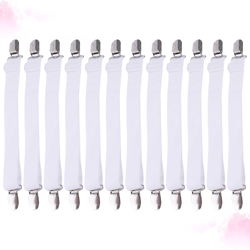 12pcs Multipurpose Bed Sheet Fasteners Adjustable Suspenders Gripper Elastic Strap with Clips for Bed Sheets Mattress Covers (White Relax 30-50CM Draw Out 35- 100CM)