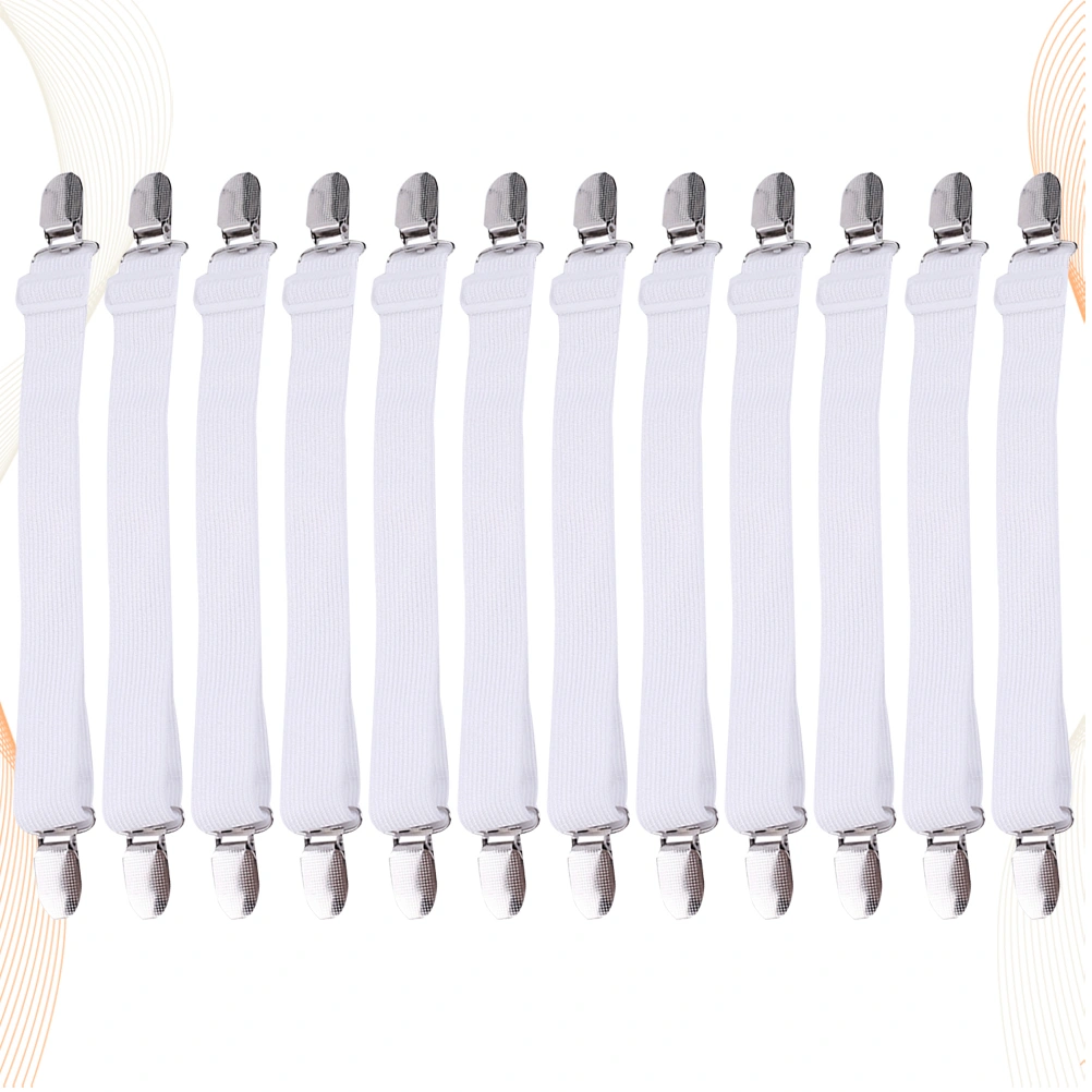 12pcs Multipurpose Bed Sheet Fasteners Adjustable Suspenders Gripper Elastic Strap with Clips for Bed Sheets Mattress Covers (White Relax 30-50CM Draw Out 35- 100CM)
