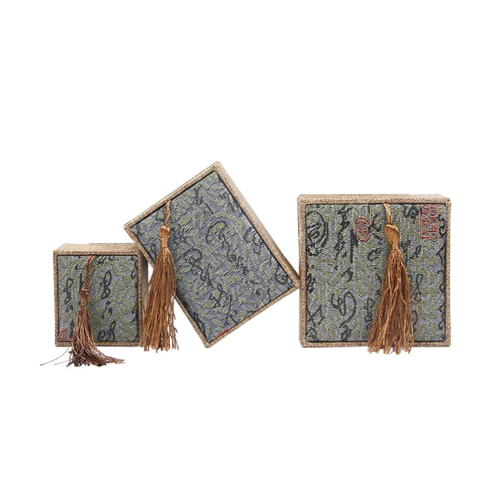 3 Pcs 3 Sizes Chinese Style Jewelry Gift Box Case Burlap Jewelry Bearer Box Holder with Tassel for Pendant (Green)