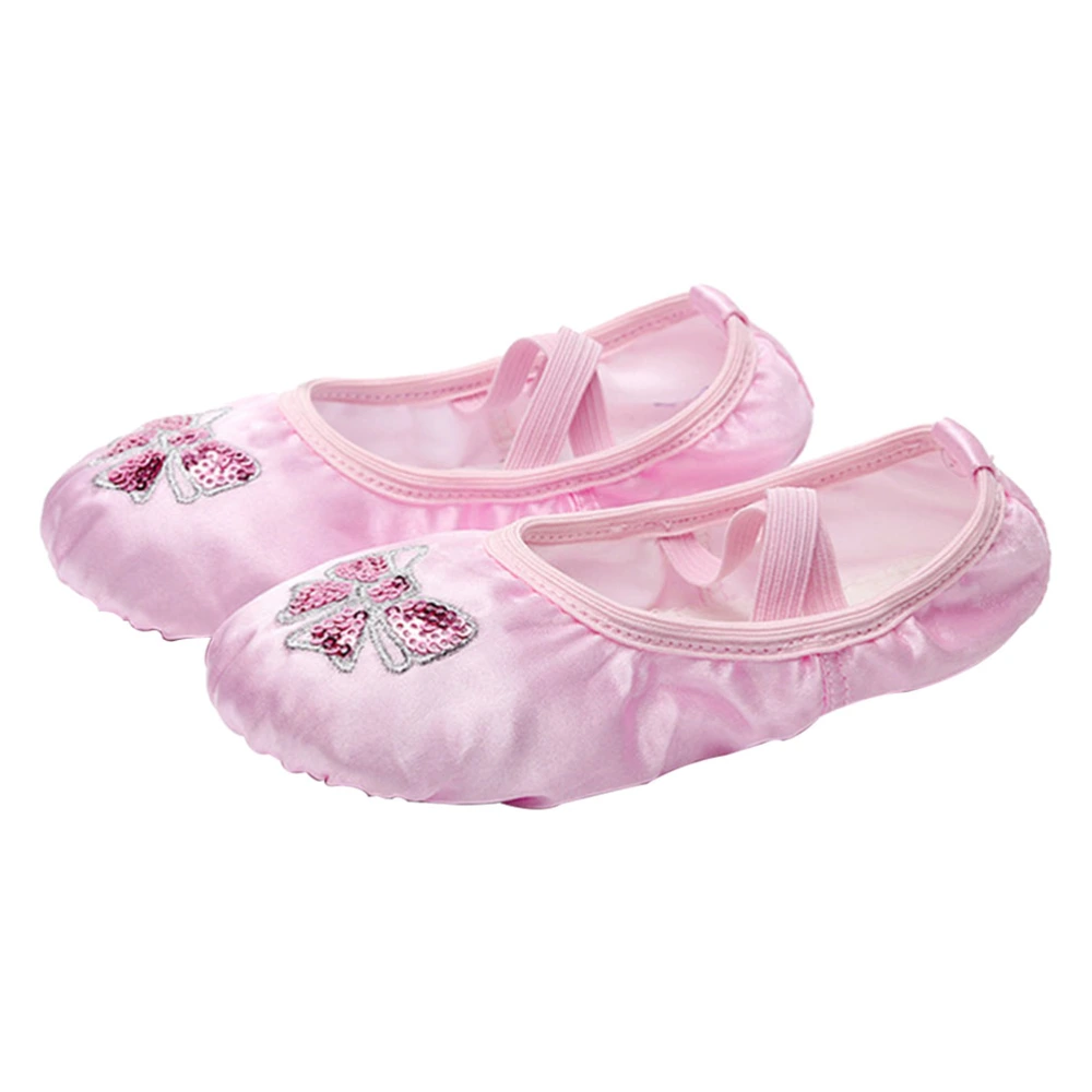 Satin Ballet Practice Shoes Embroidery Sequins Yoga Shoes Sole Dance Shoes for Kids Girls - Size 33 (Pink)