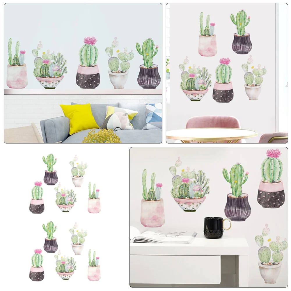 2 Sets Decorative Wall Stickers Cartoon Cactus Wall Decals Home Wall Art Decor