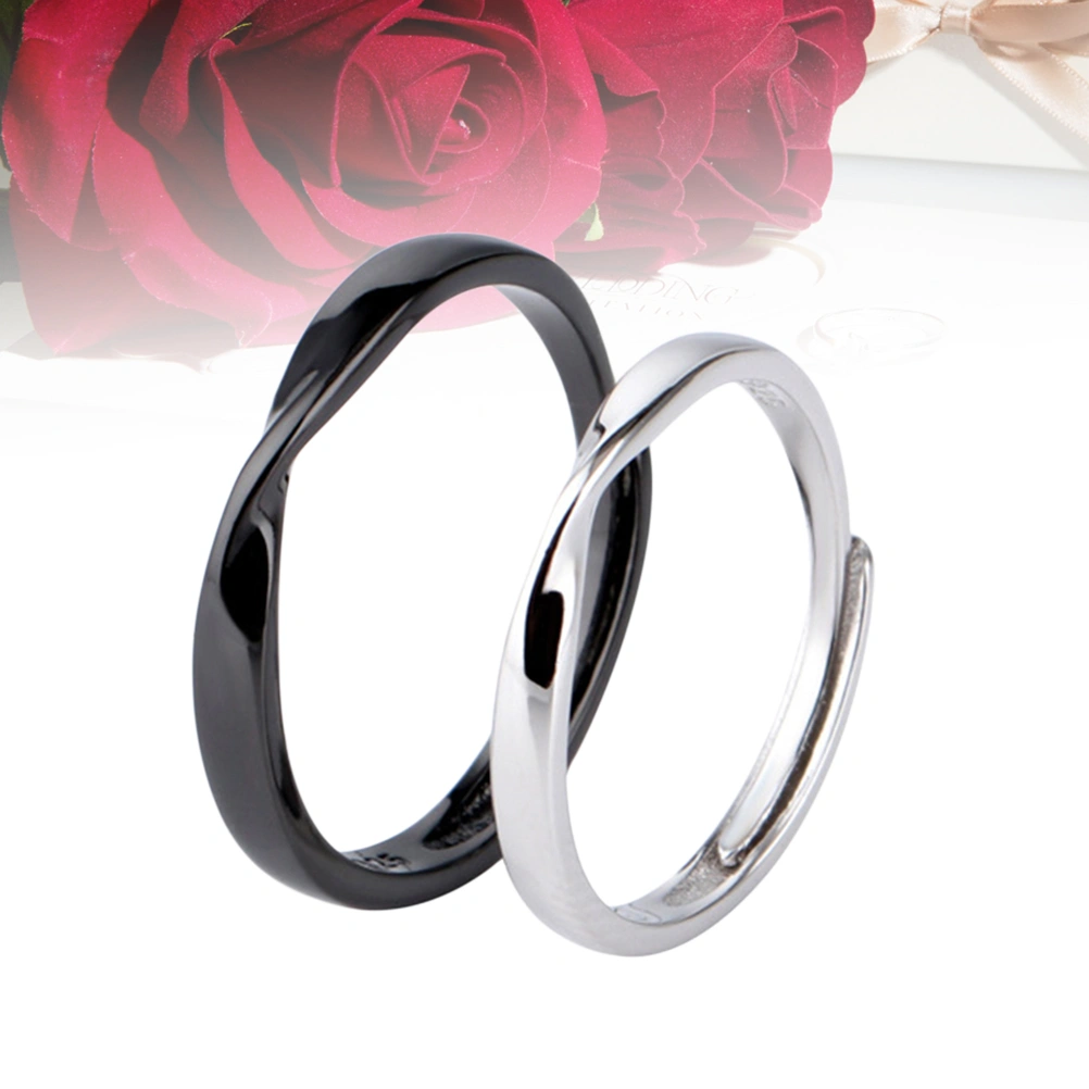 2pcs Fashion S925 Sterling Silver Couple Rings Adjustable Open Ring for Women Men Engagement Lovers Jewelry Gifts(1 Male Ring Black Gold, 1 Female Ring Platinum)