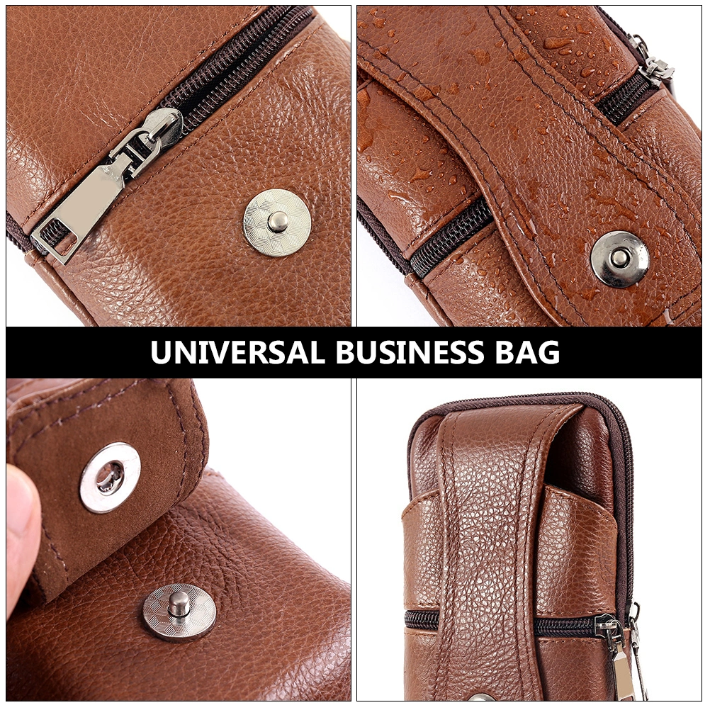 1 Pc Cowhide Belt Bag Waterproof Vertical Style Business Bag with Hook (Brown)