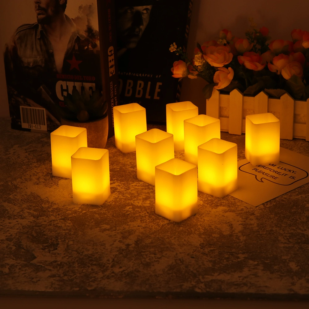 12pcs Square LED Simulation Candle Lights Electronic Flameless Tealight Romantic Party Decor for Bar Home Cafe (White Shell, Yellow Light)