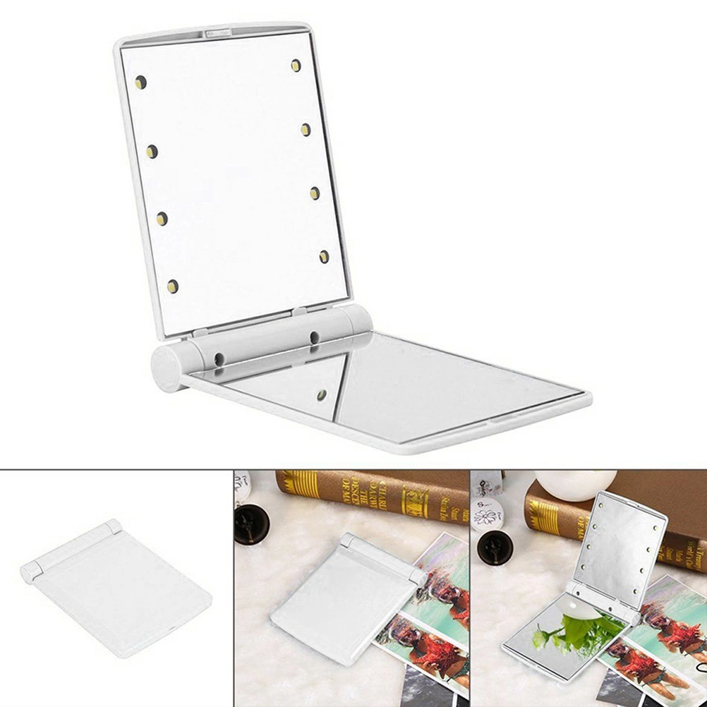 LED Lighted Makeup Mirror Portable Compact 8-LED Cosmetic Folding Lights Mirrors (White)