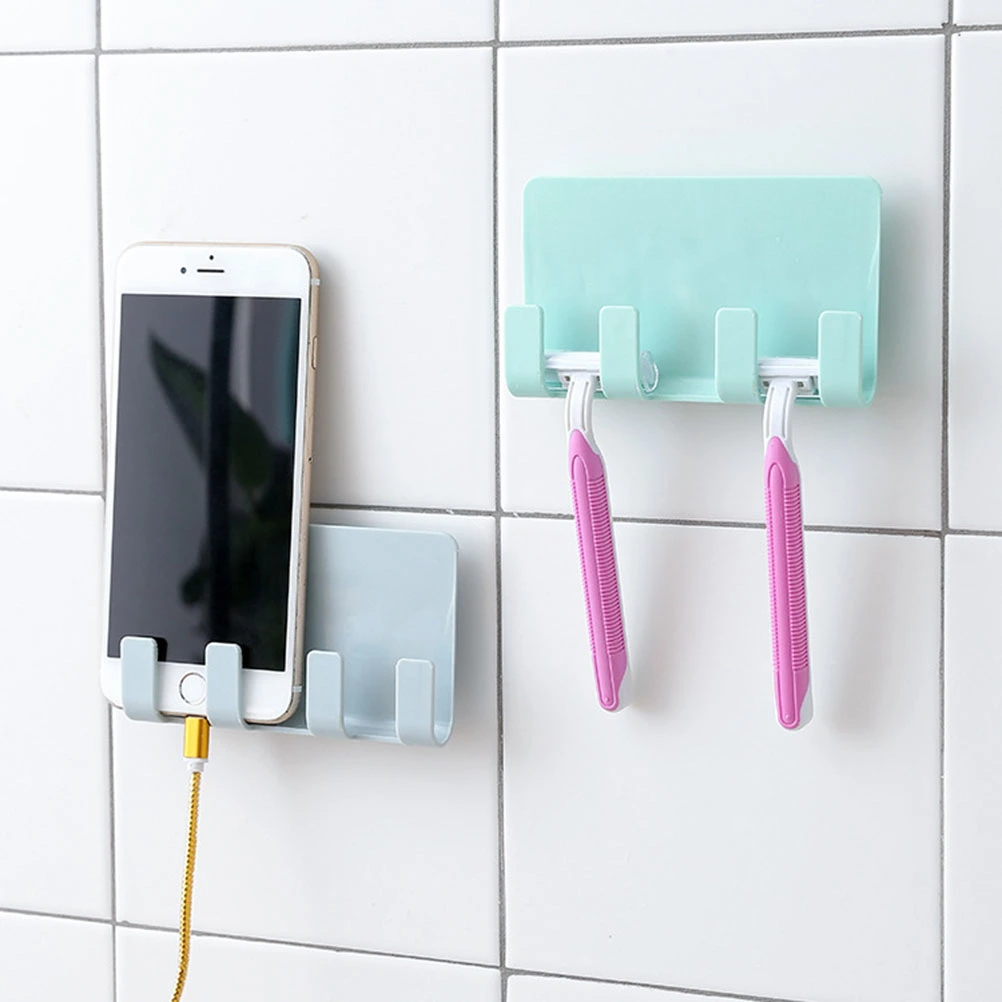 2pcs Useful Adhesive Phone Charging Bracket Charging Holder Wall Mount Seamless 4 Hooks Storage Rack (Random Color)