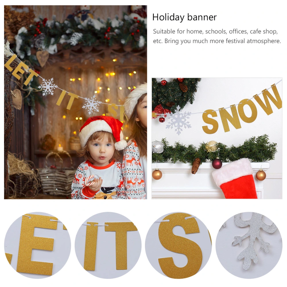 1pc Christmas Decorations String Flags Let It Snow Letter Paper Banner (Gloden)