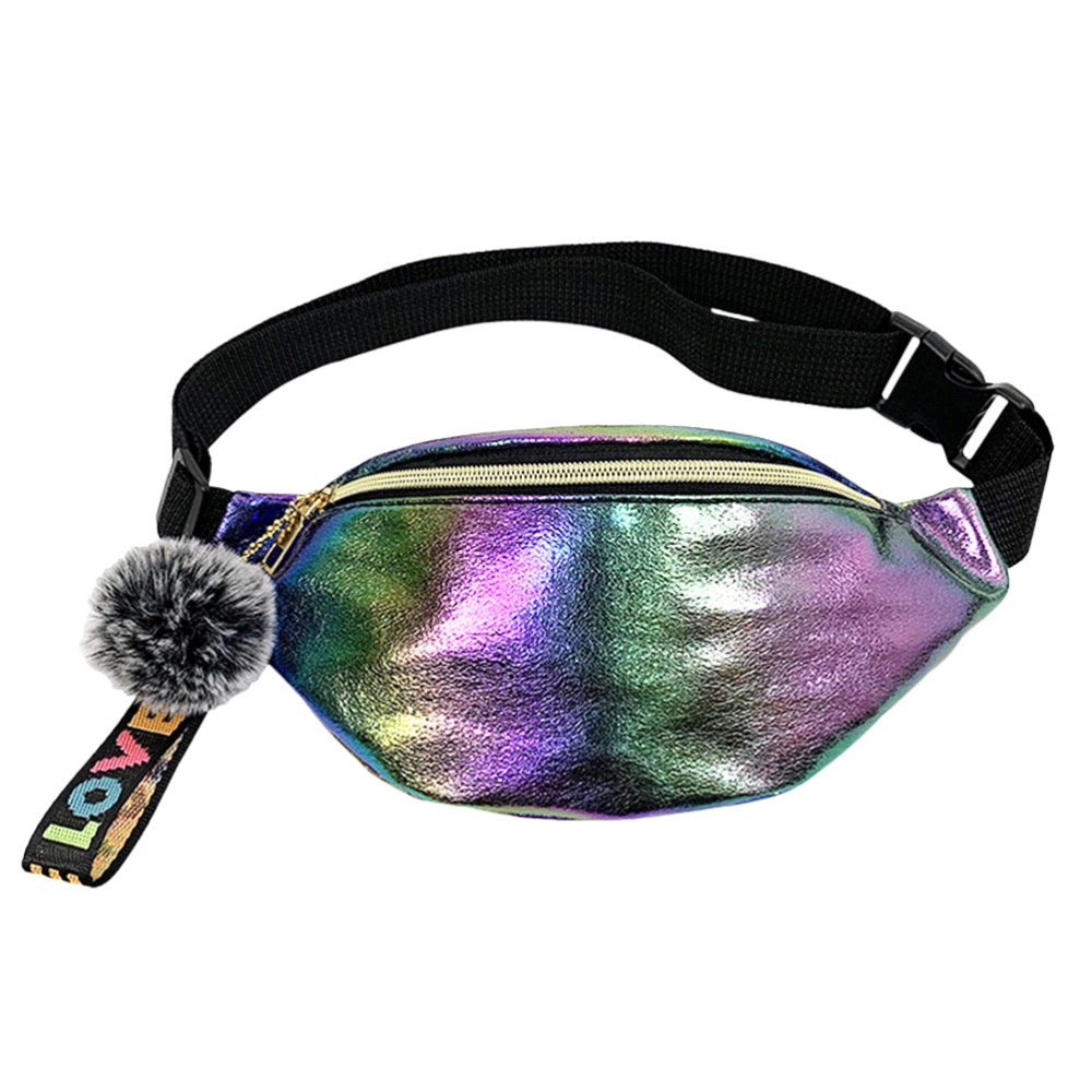 PU Leather Wasit Bag Holographic Chest Bag Shiny Zipper Fanny Pack with Fur Ball for Outdoor Women (Colorful)