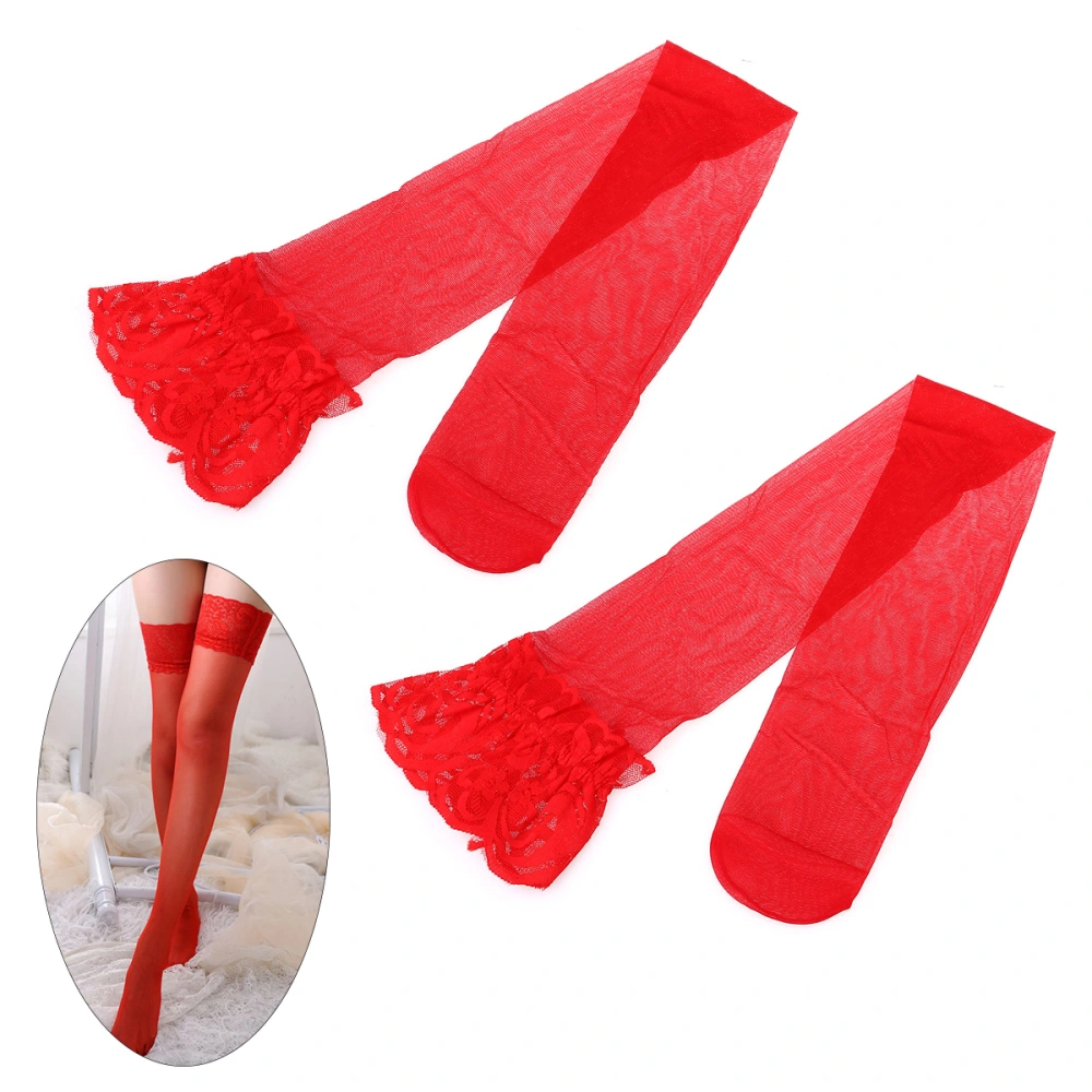 Women Thigh High Stockings Sexy Silk Sheer Socks with Filet Trimming for Dressing Decoration (Red)