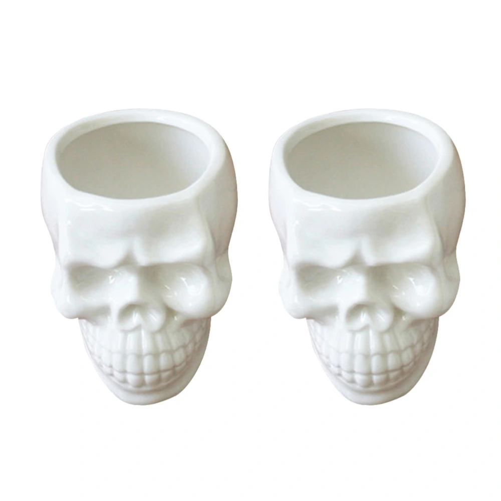 2pcs Ceramic Small Plant Pot Planter Skull Shaped Succulent Cactus Flower Pot Container Home Office Decoration (White)