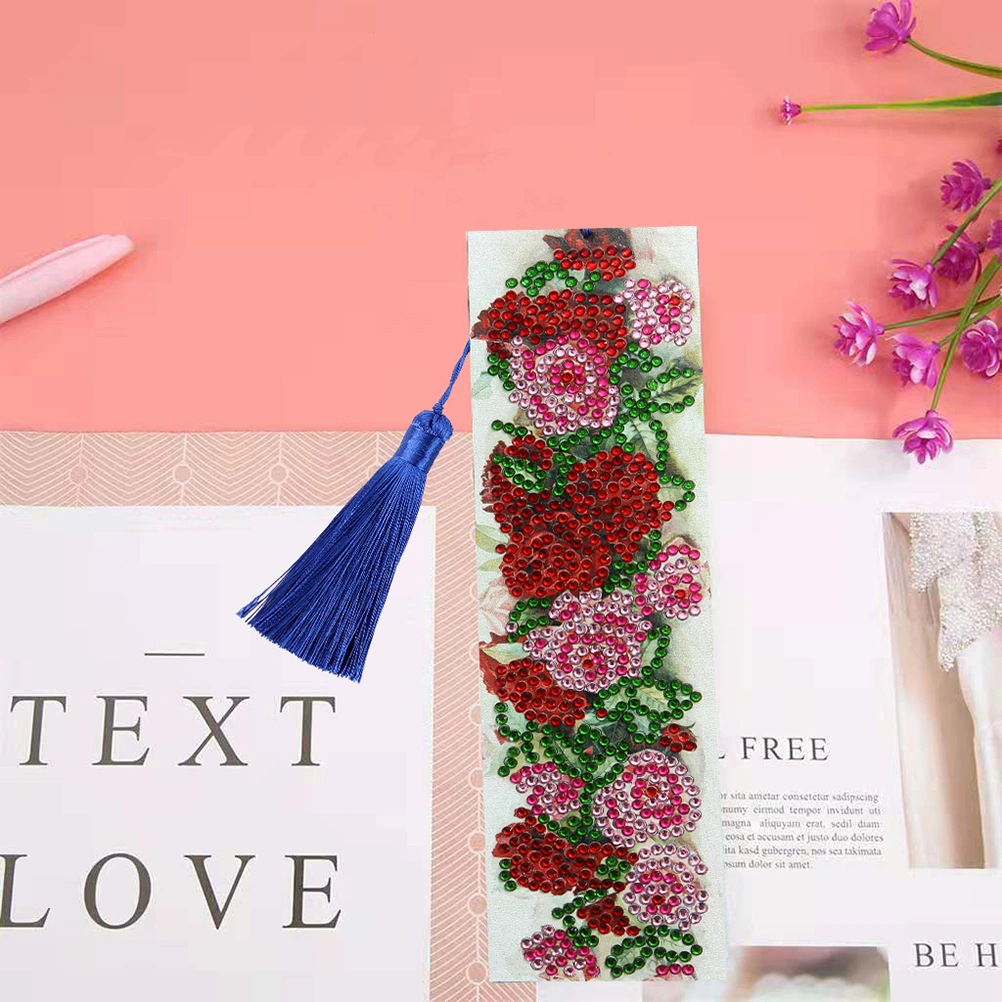 Rose Pattern DIY Rhinestone Painting Book Page Mark Resin Beads Painting Handmade Bookmark Art Craft Decor with Tassel for Books