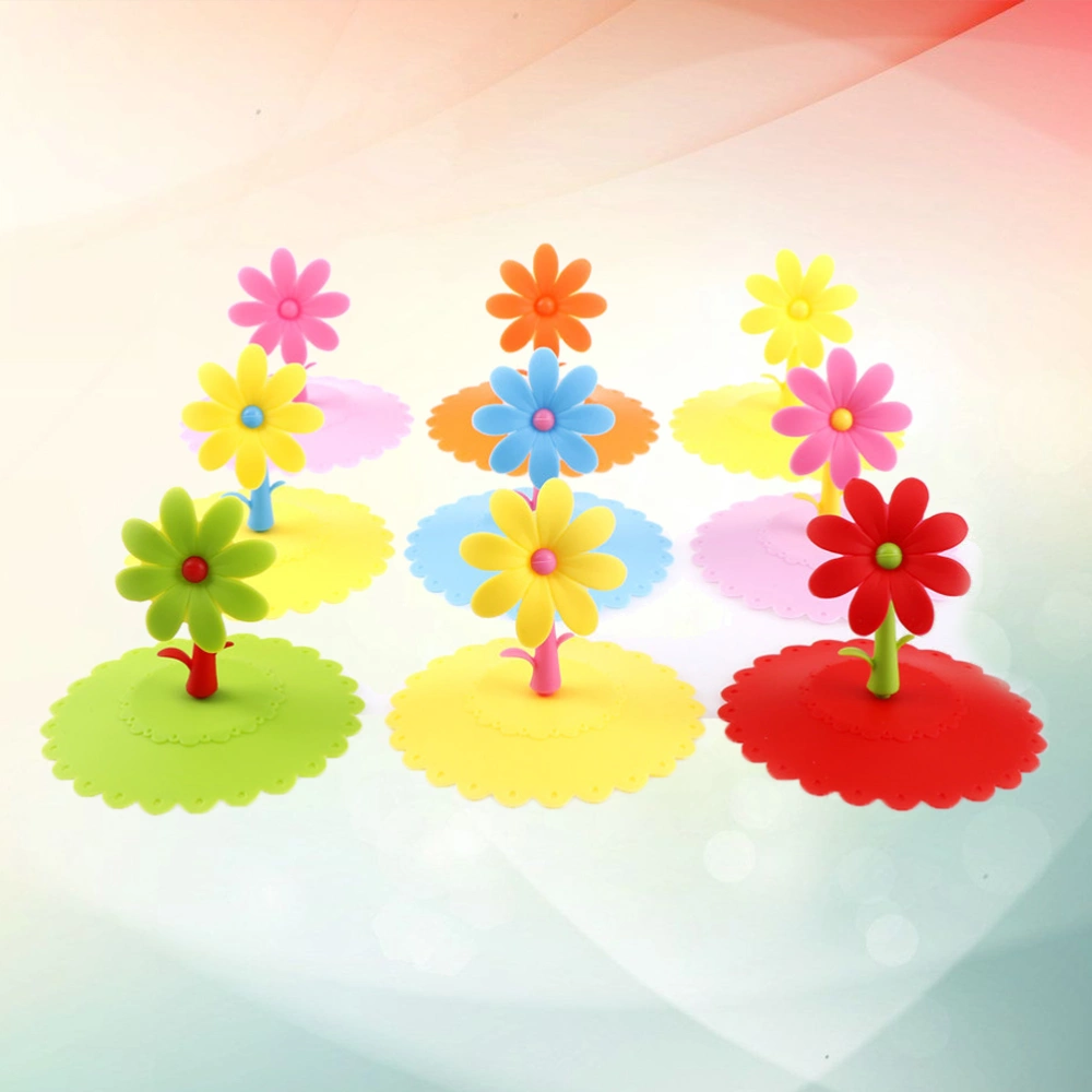 6PCS Sunflower Shaped Leak-Proof Silicone Cup Lids Candy Color Suction Sealed Covers (Random Color)