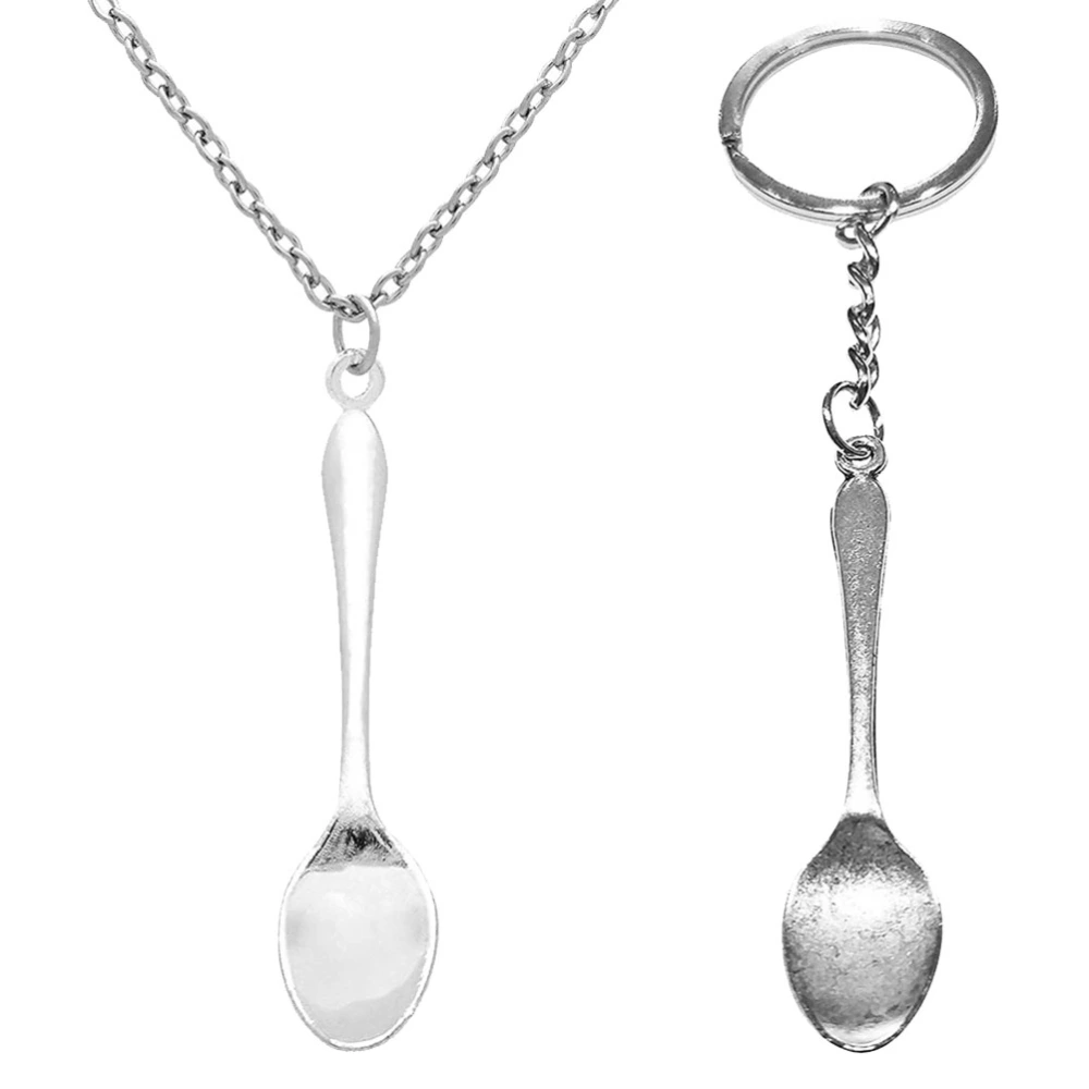 2pcs in 1 Set Vintage Spoon Pendant Keychain and Necklace Alloy Necklace Mini Coffee Spoon Key Holder Jewelry Gift Ornaments (1pc Keychain and 1pc Necklace)