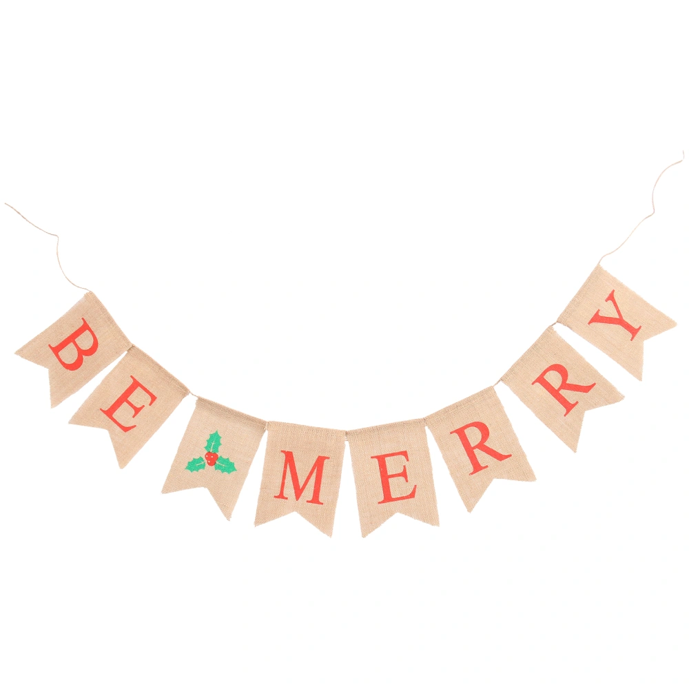 BE MERRY Letters Bunting Banner Decoration Christmas Fruit Pattern Linen Burlap Banner Swallowtail Pull Flag Party Supplies for Xmas