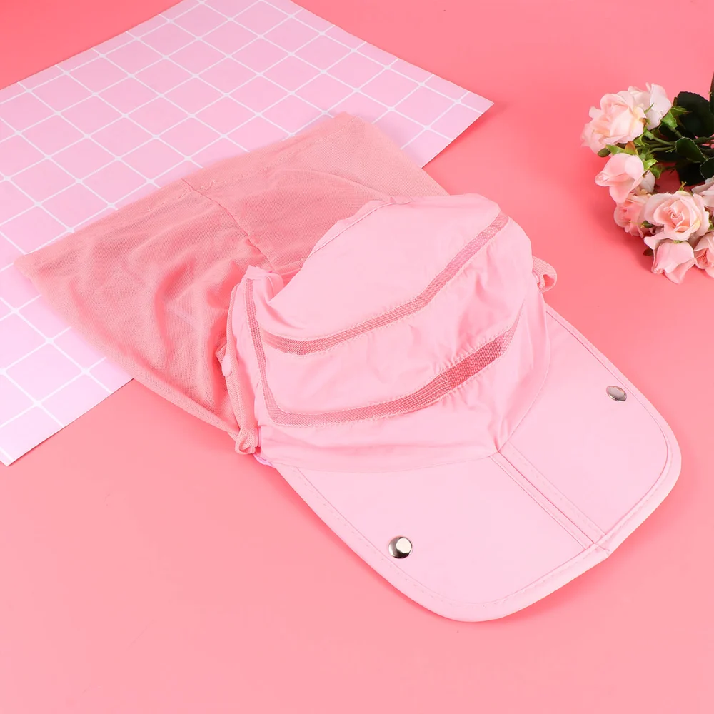 Foldable Sun Hat with Detachable Veil Face Cover Breathable Dustproof Summer Outdoor Sun Block Wide Brim (Pink)