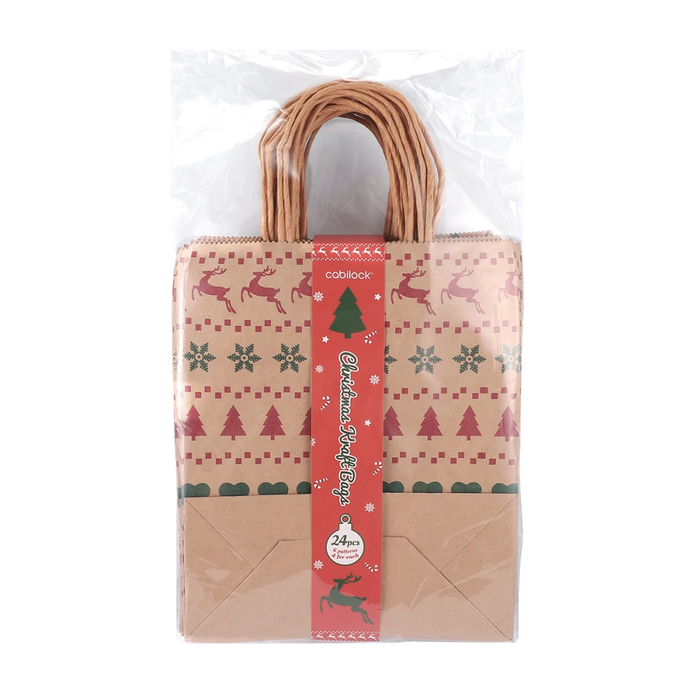 Cabilock 24pcs Christmas Kraft Bags 6 Patterns Christmas Paper Bags Portable Festive Xmas Party Gift Bags with Handle for Christmas Holiday Festival