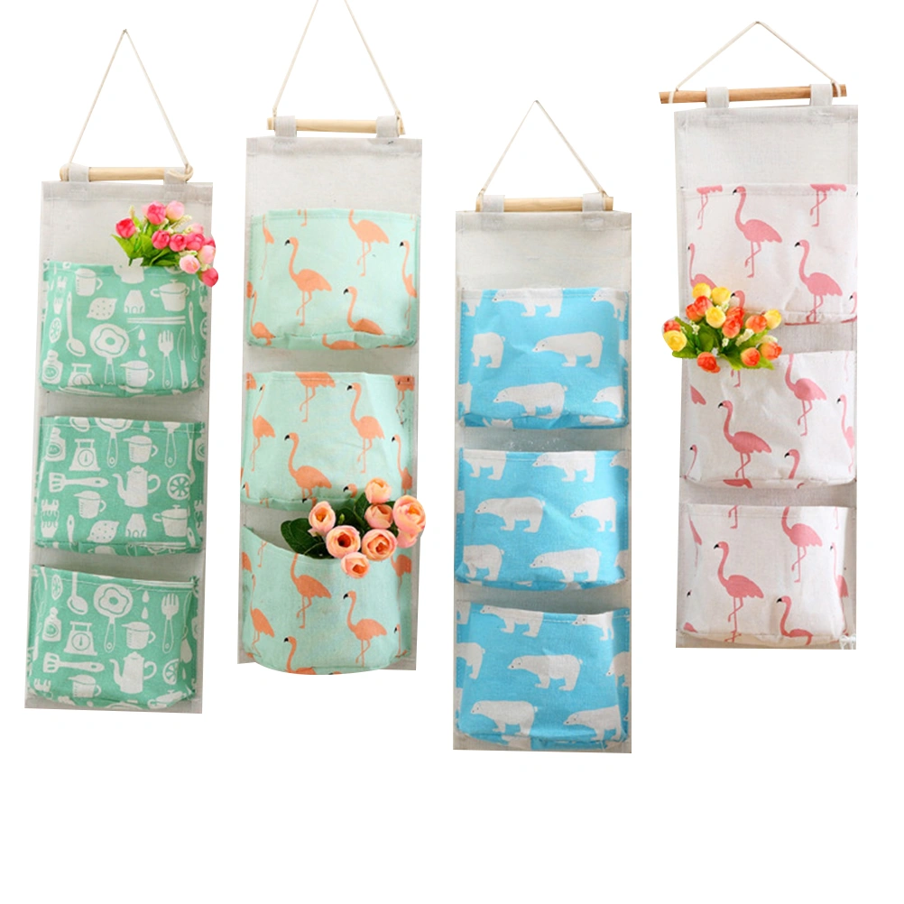 Linen Cotton Fabric Wall Door Closet Hanging Storage Bag 3 Pockets Over the Door Organizer for Room Bathroom(Random Color)