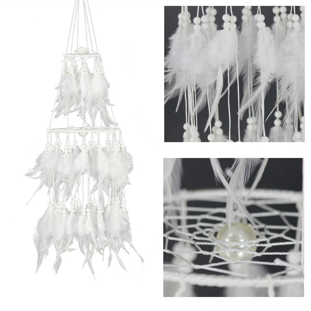 Dream Catcher with White Feather Pearl Dreamcatcher Home Bedside Wall Hanging Wind Chime Pendant Home Party Decoration Gift Lantern with Light (White)