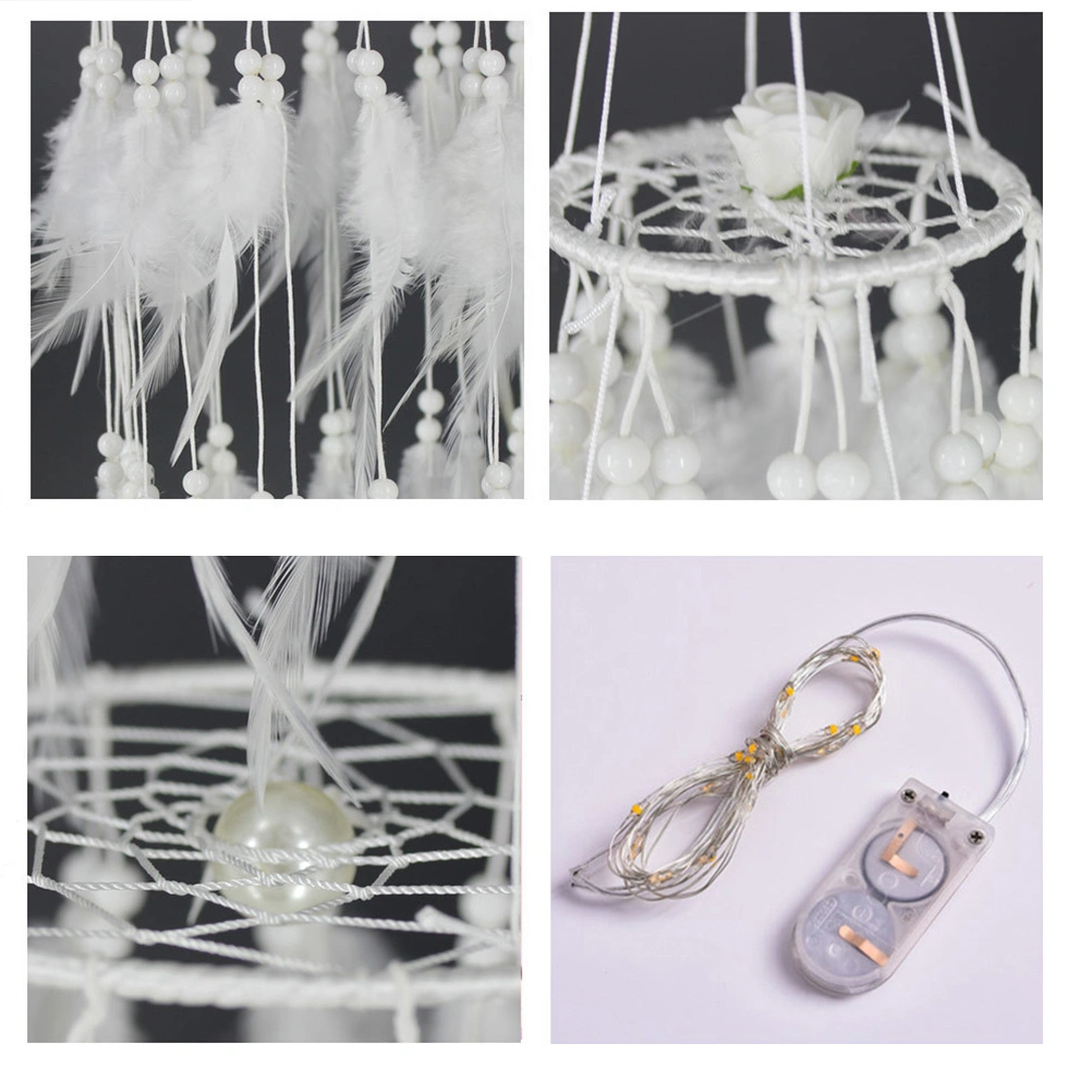 Dream Catcher with White Feather Pearl Dreamcatcher Home Bedside Wall Hanging Wind Chime Pendant Home Party Decoration Gift Lantern with Light (White)
