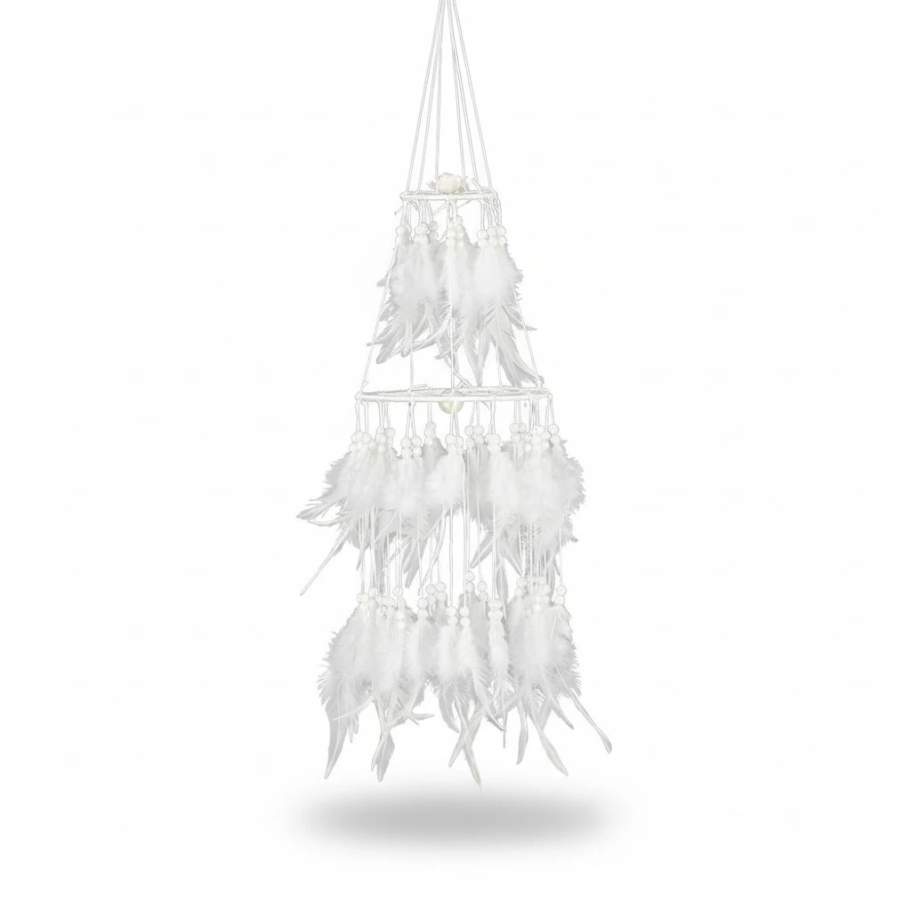 Dream Catcher with White Feather Pearl Dreamcatcher Home Bedside Wall Hanging Wind Chime Pendant Home Party Decoration Gift Lantern with Light (White)