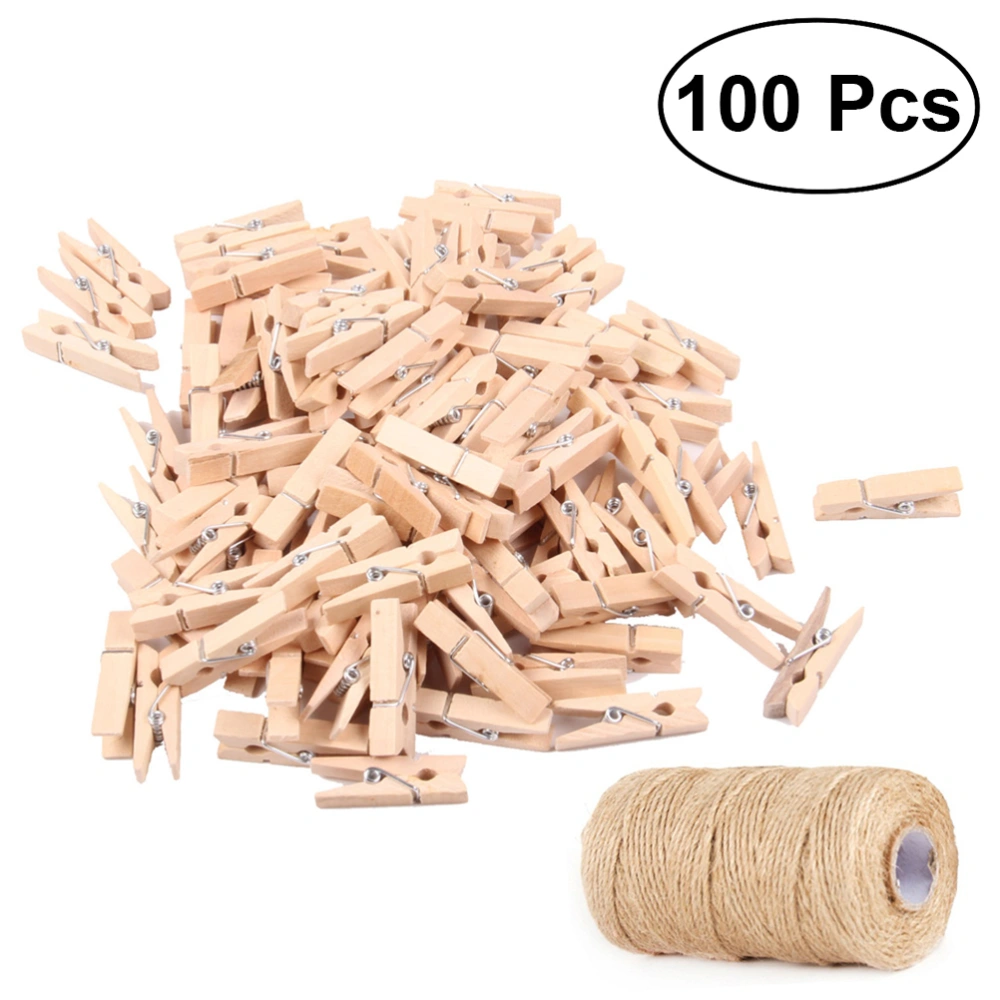 100Pcs Mini Wooden Clothespins Pegs Photo Clips with Jute Twine for Crafts Scrapbooking DIY Home Decoration