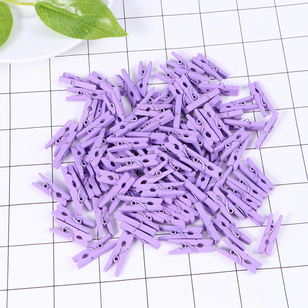 100pcs Mini Natural Wooden Paper Clips Utility Versatile Clothespin Clips Picture Photo Cable Pictures Organizer Clips for Hanging Photos Painting Artwork (Purple)