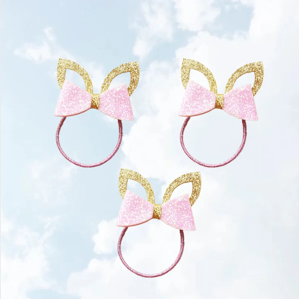 3Pcs Bowknot Hair Tie 3D Ear Shape Hair Ring Ponytail Holder Lovely Hair Rope for Kids Girls Golden Ear Pink Bowknot