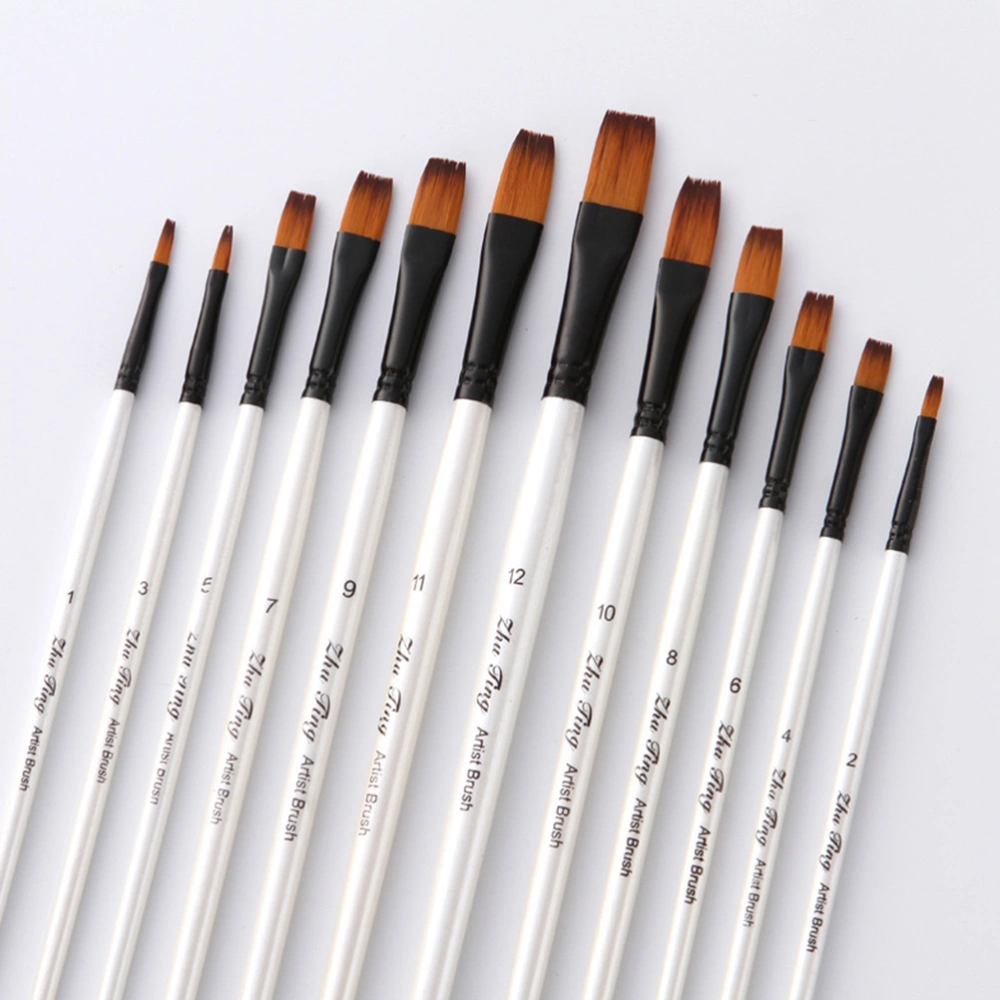 12Pcs Painting Brushes Kit Wooden Handle Brushes Nylon Hair Brushes Watercolor Oil Painting Tools (Flat)