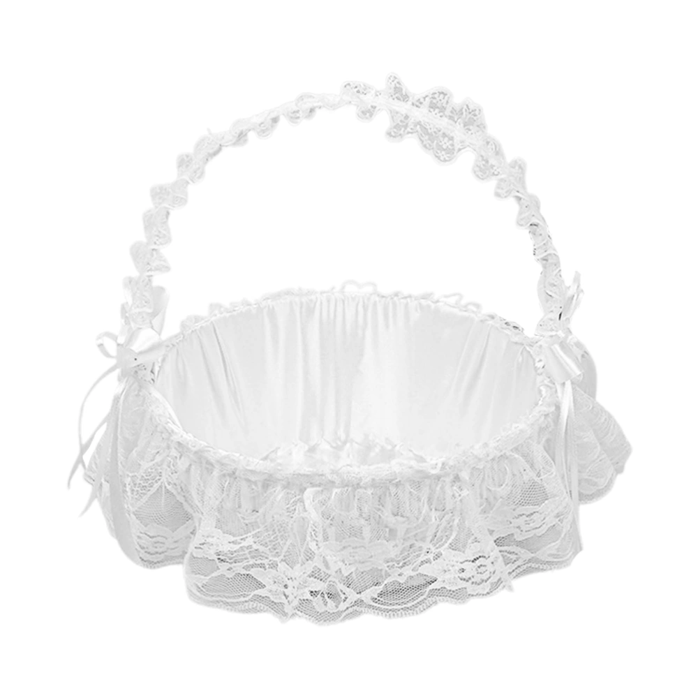 Bamboo Woven Wedding Flower Basket Lace Basket Elegant Flower Girl Basket Portable Wedding Ceremony Supplies (Round Size L)