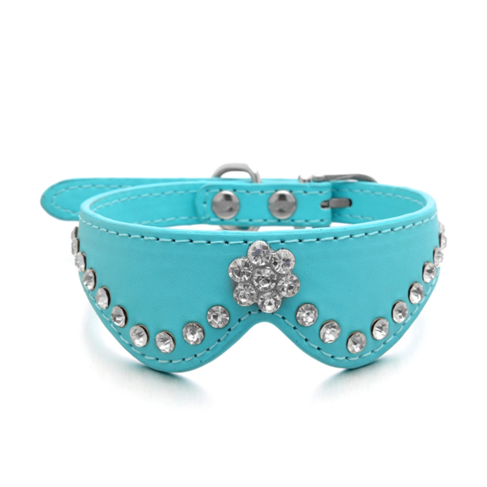 Flower Style Rhinestone Decorated PU Adjustable Pet Dog Puppy Safety Collar - Size XS (Blue)