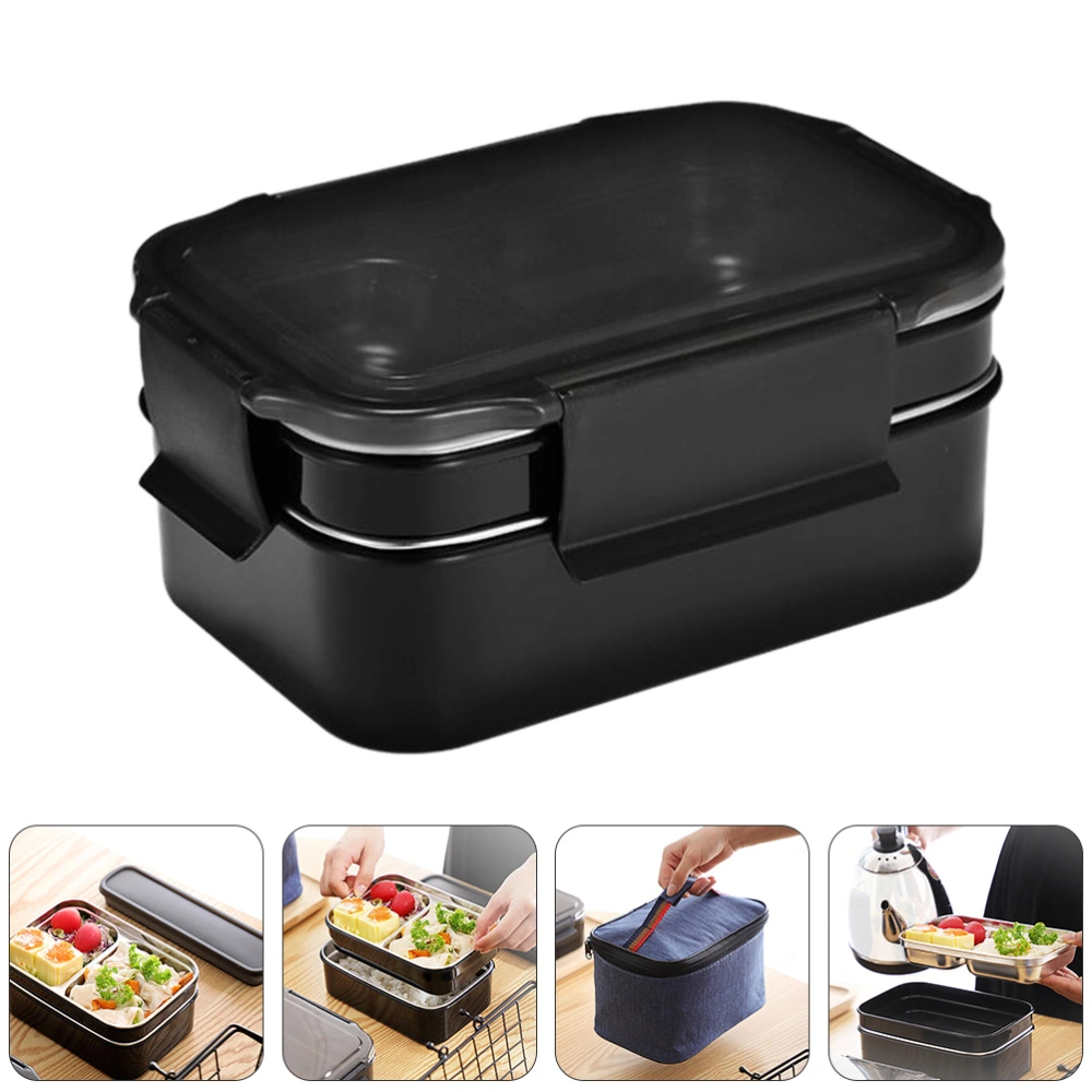 1Pc Stainless Steel Bento Box Portable Lunch Box with Bag Tableware (Black)