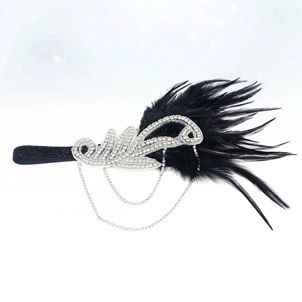 1Pc Feather Rhinestone Headband European Style Retro Hair Band Stage Performance Costume Party Hair Accessories (Black with White Rhinestone)