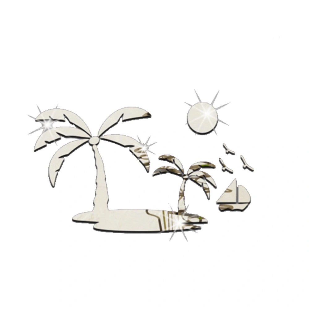 Palm Trees Island Sun Birds Sticker Acrylic 3D Mirror Wall Sticker Removable DIY Wall Decal Decor Lovely Birds Mirror Decoration Living Room Bedroom Background(Silver)