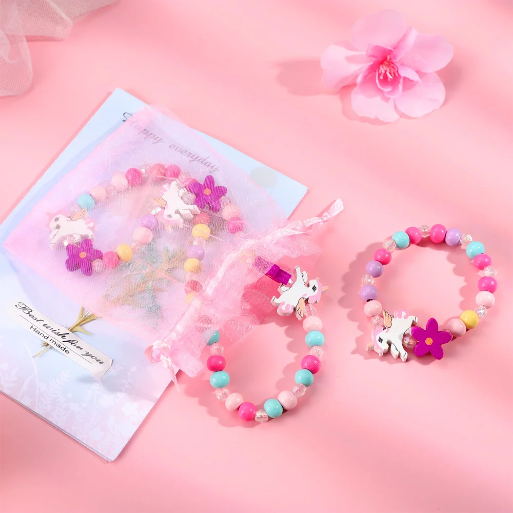 Amosfun 1 Set Wooden Children Jewelry Set Unicorn Beads Colorful Necklace and Bracelet Gift for Party Birthday