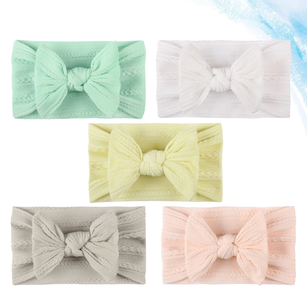 5PCS Nylon Bowknot Baby Headband Simple Kids Hair Band Textured Jacquard Headdress for Baby Toddler (White+Beige+Flesh Pink+Mint Green+Grey)