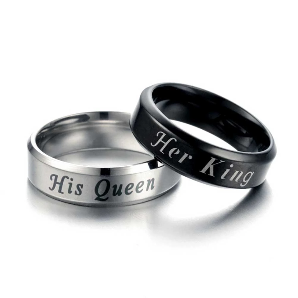 12# Her King His Queen Titanium Stainless Steel Couples Finger Ring His and Hers Couple Wedding Promise Rings (Black)