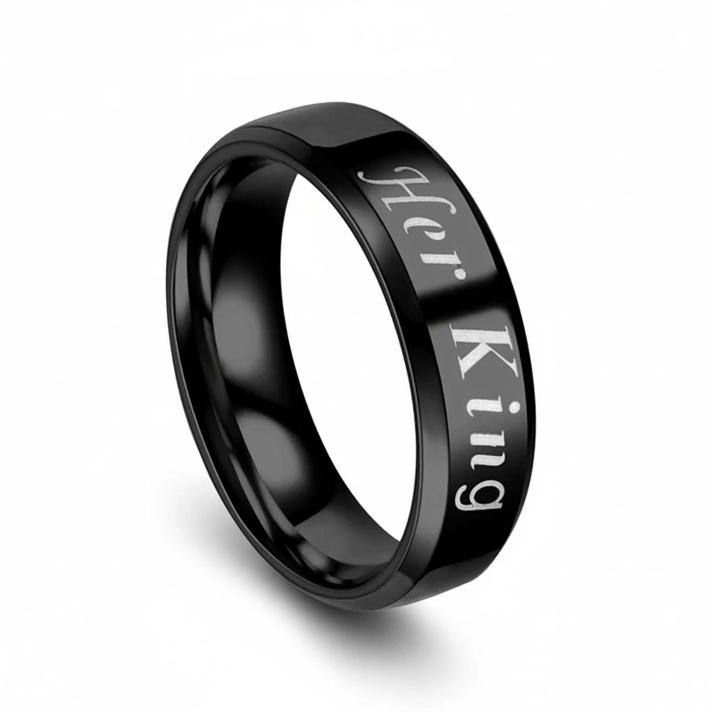 12# Her King His Queen Titanium Stainless Steel Couples Finger Ring His and Hers Couple Wedding Promise Rings (Black)